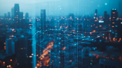 Fototapeta premium Smart digital city with connection cyber security network reciprocity over the twilight cityscape.future wireless digital city and social media networking systems that connects people within the city