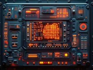 Obraz premium Frontal depiction of an electricity-laden energy scanner, radiating intense power, bold color palette in hyper-realistic 3D, showcasing intricate circuitry and luminescent displays