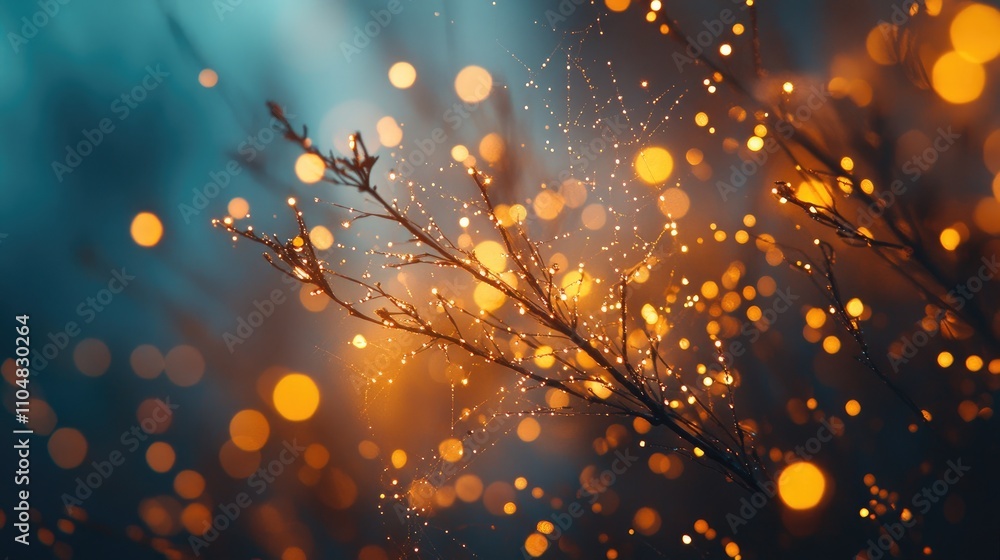 Poster enchanted branch with glowing bokeh in distant dreamy background