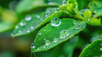 Fototapeta premium Dew Drops on Fresh Green Leaves in Nature's Lush Environment