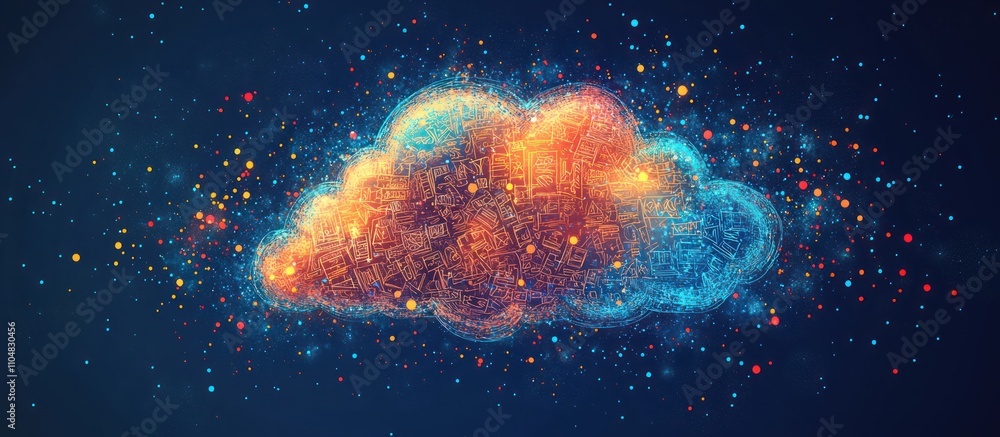Poster abstract cloud made of particles and light, a visual concept for data storage and processing.