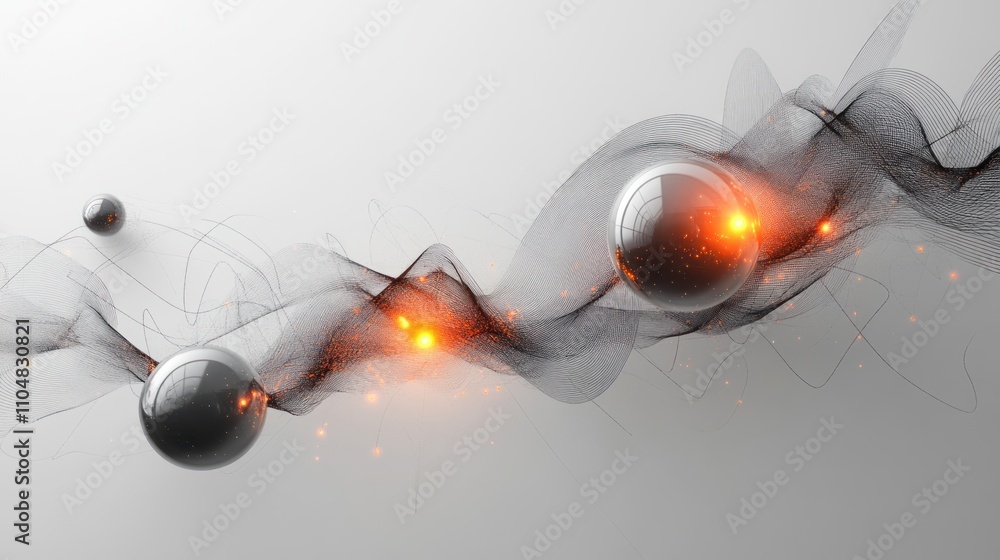 Aufkleber abstract design featuring spheres and flowing lines with glowing elements.