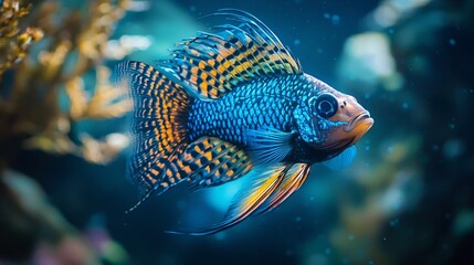 Obraz premium Iridescent Peacock Fish Creates a Mesmerizing Display of Light in the Deep Sea 