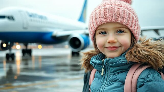 Happy Child at Airport with Airplane in Background