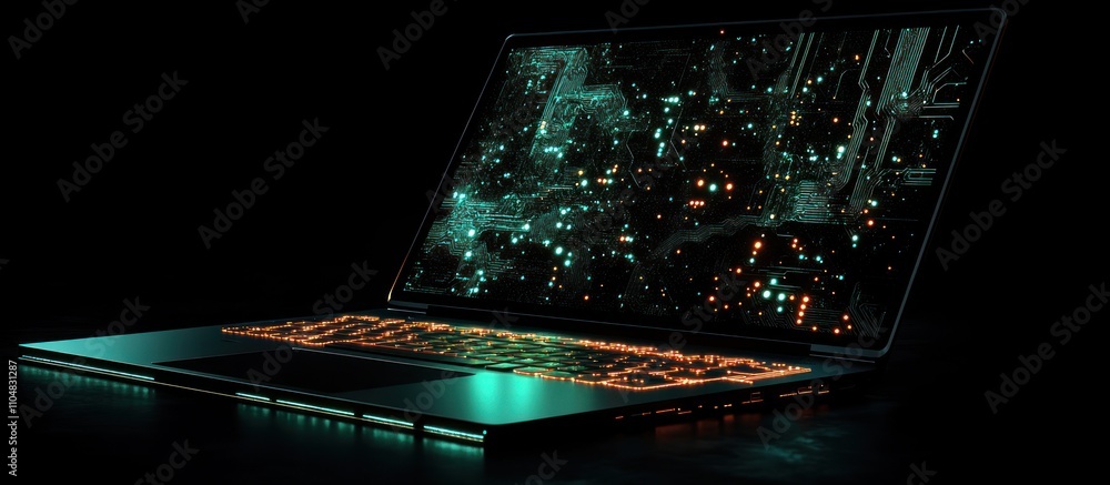 Poster a sleek black laptop with a glowing screen displaying a digital city map. the image is rendered in a