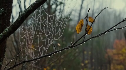 Dewy Spider Web Glistening on Tree Branch in Misty Forest Scene