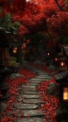 Fototapeta premium Serene autumnal path winds through a Japanese garden, illuminated by warm lantern light, surrounded by vibrant red maple leaves and ancient stone lanterns.