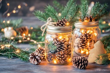 Recycling during festive seasons promotes sustainability. Recycled mason jars filled with pinecones and fairy lights, perfect for cozy decor and seasonal aesthetics.