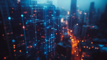 Obraz premium Smart digital city with connection cyber security network reciprocity over the twilight cityscape.future wireless digital city and social media networking systems that connects people within the city