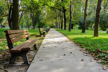 A wide park sidewalk flanked by benches, lush greenery, and trees, with modern landscape design