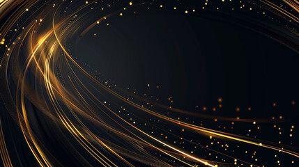 Obraz premium Abstract golden circles and lines on shiny black background with glowing glitter effect. Flowing composition of swirls, circles, and lines with light textured pattern. 