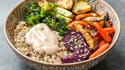 Wholesome Farro and Roasted Vegetable Plant-Based Grain Bowl with Tahini Dressing in a Decorative Bowl