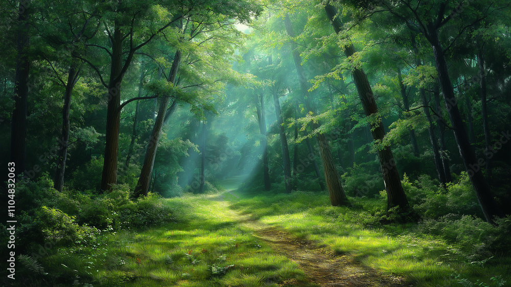 Poster serene forest path illuminated by soft sunlight, inviting exploration and tranquility