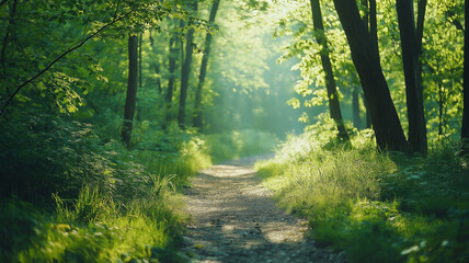 Obraz premium serene forest path surrounded by lush greenery and soft sunlight