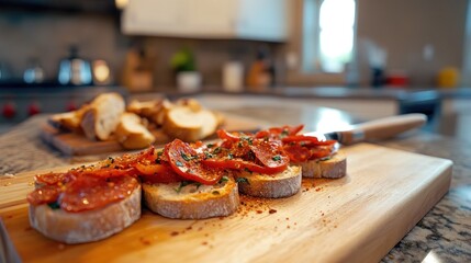 Sliced bread topped with pepperoni and herbs on a wooden board in a kitchen setting.