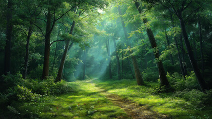 Obraz premium serene forest path illuminated by soft sunlight, inviting exploration and tranquility