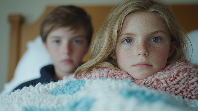 Sick Children Brother and Sister Illness Healthcare Family Home Blanket Sadness Kids