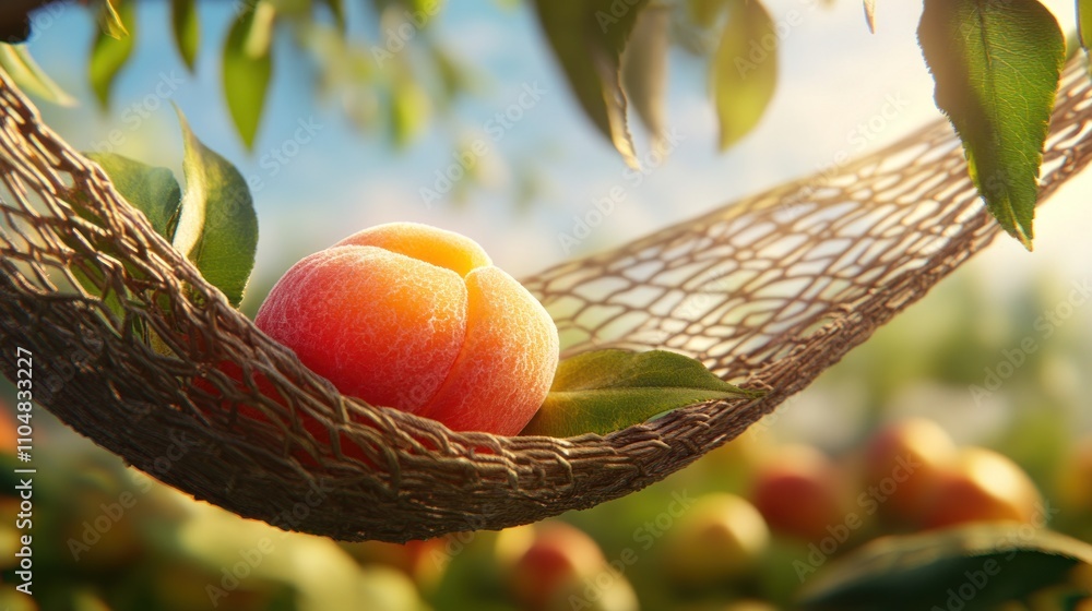 Poster a peach resting on a net, surrounded by lush greenery and soft sunlight.