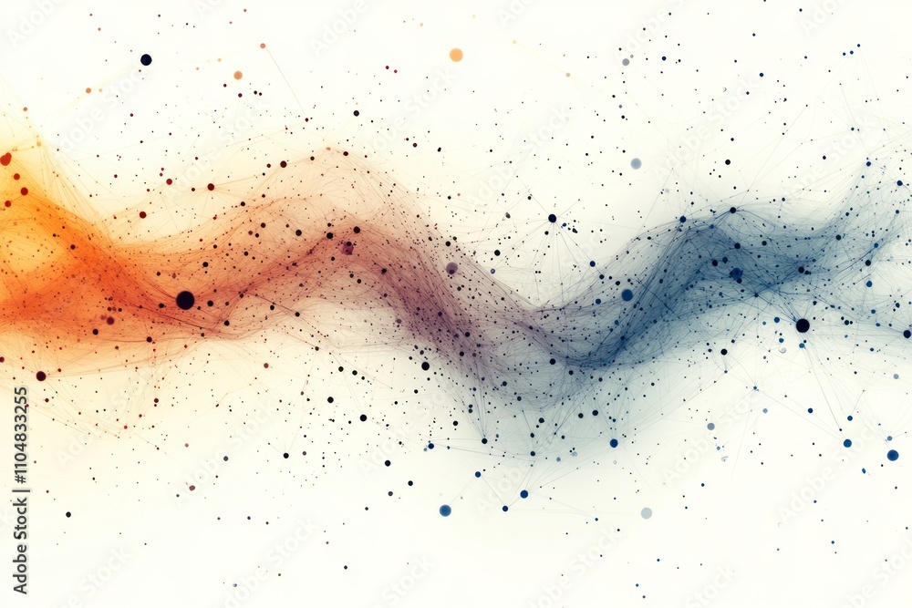 Poster abstract background with a wavy line of connected dots in orange, blue, and gray on a white backgrou