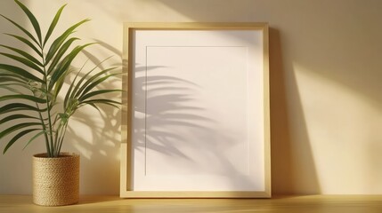 Beautiful Wooden Frame Mockup with Natural Light Highlights and Shadow on Wall in Cozy Warm Environment