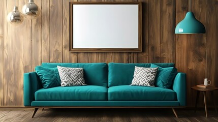 Teal Velvet Sofa in Rustic Wooden Room with Blank Canvas and Pendant Lights