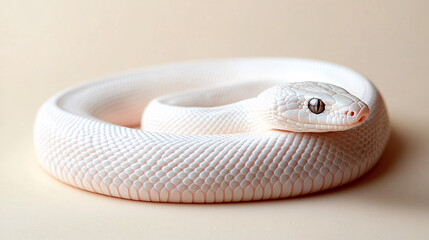 Fototapeta premium A photorealistic image of a white snake coiled on a beige background, perfect for wellness brands, nature-themed content, or tranquil settings.
