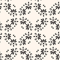 Simple minimalist floral pattern. Minimal seamless texture with small flower shapes. Abstract black and white geometric background. For print, package