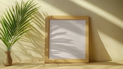 Natural Light Highlights Wooden Frame Mockup with Plant and Shadow Play on Minimalist Surface for Artistic Displays