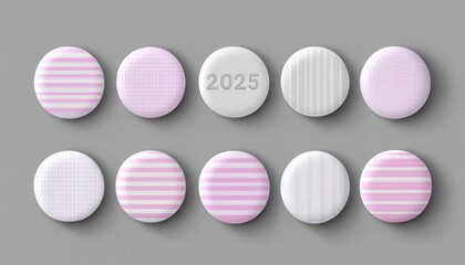 Ten Pink and White Patterned Circular Buttons with 2025 Number Button Design for 2025 New Year,  Perfect for Crafting and Decoration Projects