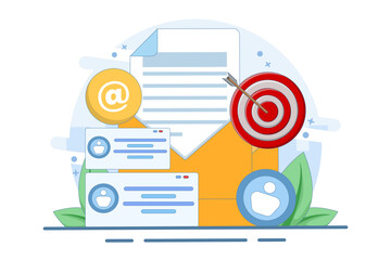 Concept of approaching target audience using email marketing, Online business strategy, Advertising, Email newsletter, sending messages, marketing materials, banners. Flat vector illustration.