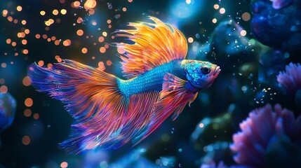 Fototapeta premium Beautiful Peacock Fish with a Shimmering Tail Dances Gracefully in the Ocean 