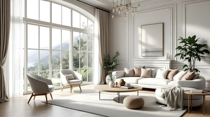 Fototapeta premium Luxurious Modern Living Room with Panoramic Mountain View