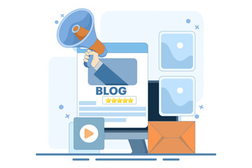 Blogger Concept, Blog content, Blogging, posting for web pages, banners, presentations, social media, documents, cards, posters. Commercial blog posting, Internet, Make You Satisfied. Vector illustrat