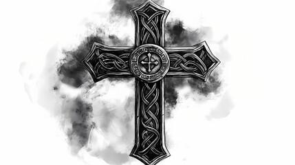 A black and white tattoo of a celtic cross. Runic. Illustration