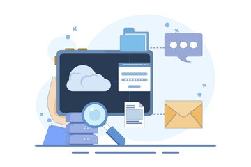 Cloud computing network concept, Cloud applications, applications connected to cloud technology, Data storage and processing. Backup. Services and hosting. Copying files. Vector illustration.