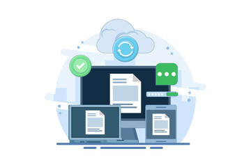 Cloud server storage concept, Uploading data to secure cloud server, Data storage and processing. Cloud service networking and hosting. Copying files. cloud hosting. Flat vector illustration.