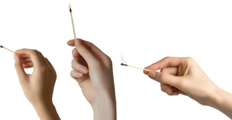 hand holding a matchstick isolated on white background