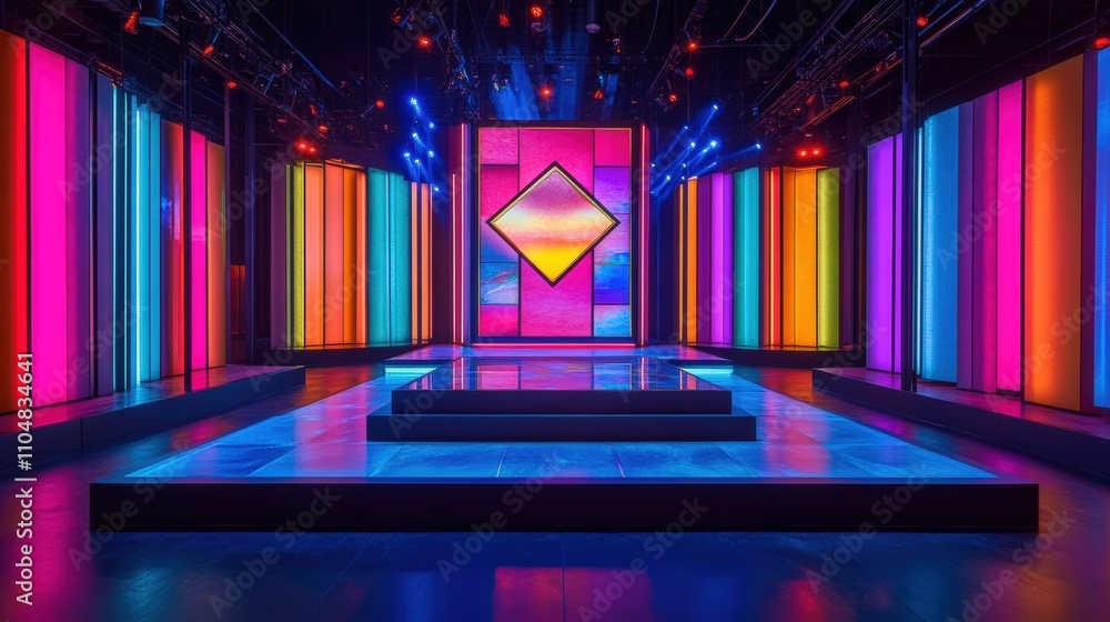 Poster colorful set design for a tv game show with vibrant lighting and geometric displays in dynamic color