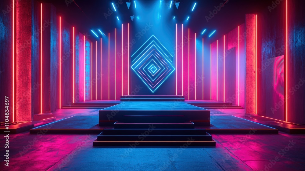 Poster colorful stage design for a tv game show featuring neon lights and geometric patterns in a dynamic a