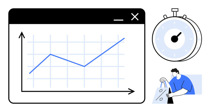 Business metrics growth chart in window frame, stopwatch showing time passage, man holding marker. Ideal for business analysis, time management, productivity, performance tracking, finance, corporate