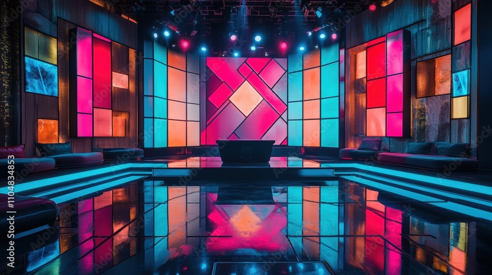 Poster vibrant and colorful set design for television game show with unique geometric patterns and dynamic 