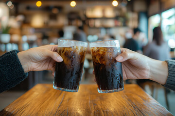 Cheers with two glasses of iced coffee in cozy cafe setting, capturing moment of joy and connection