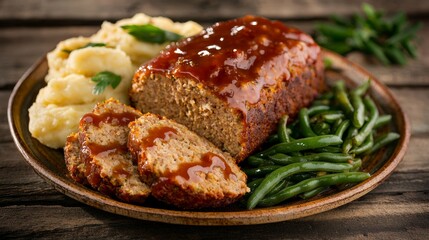 Delectable Plant-Based Meatloaf with Tomato Glaze and Sides on Rustic Table Setting