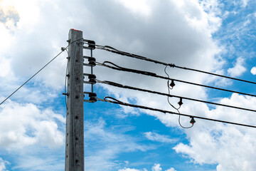Power electric cables pole, Power electric cables pole on blue sky with clouds, power cables pole...