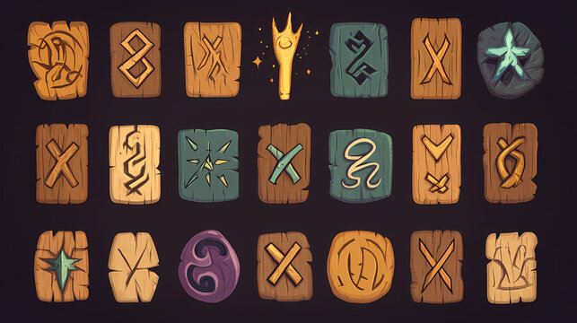 An ancient fehu letter symbol for magical witchcraft fantasy interface gui clipart. nordic runic wood sign for ui game cartoon modern set. Runic. Illustration