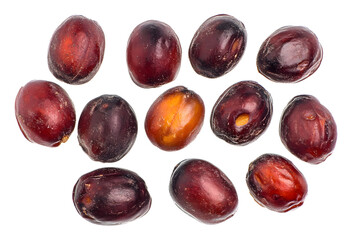Obraz premium A collection of red and brown coffee beans arranged on a white background.