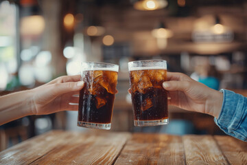 Cheers with two glasses of cola, showcasing friendship and celebration in cozy cafe setting