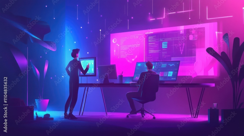 Poster a futuristic workspace with two figures discussing data on glowing screens.
