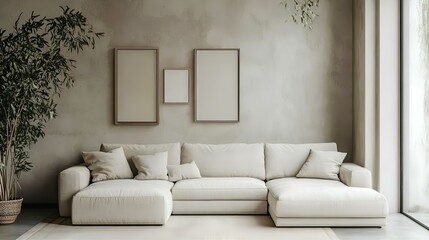 Fototapeta premium Serene Minimalist Living Room with Neutral Tones and Blank Canvas Art