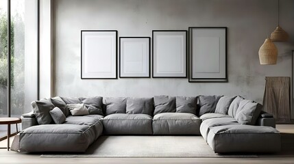 Serene Modern Living Room with Gray Sectional Sofa and Minimalist Decor